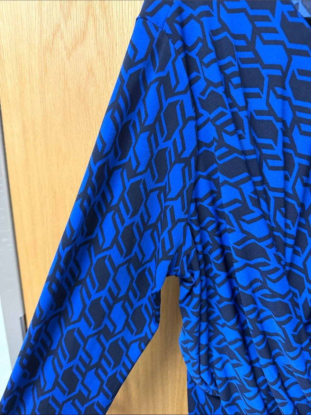 Michael Kors Royal Blue and Black Geometric Long-Sleeve Draped Waist Dress XL